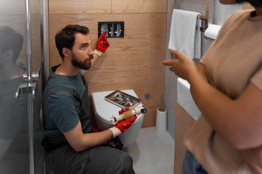 Bathroom specialist reviewing a remodel with a homeowner