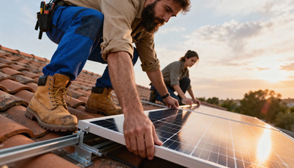 Crew setting a solar panel on a tiled roof at sunset